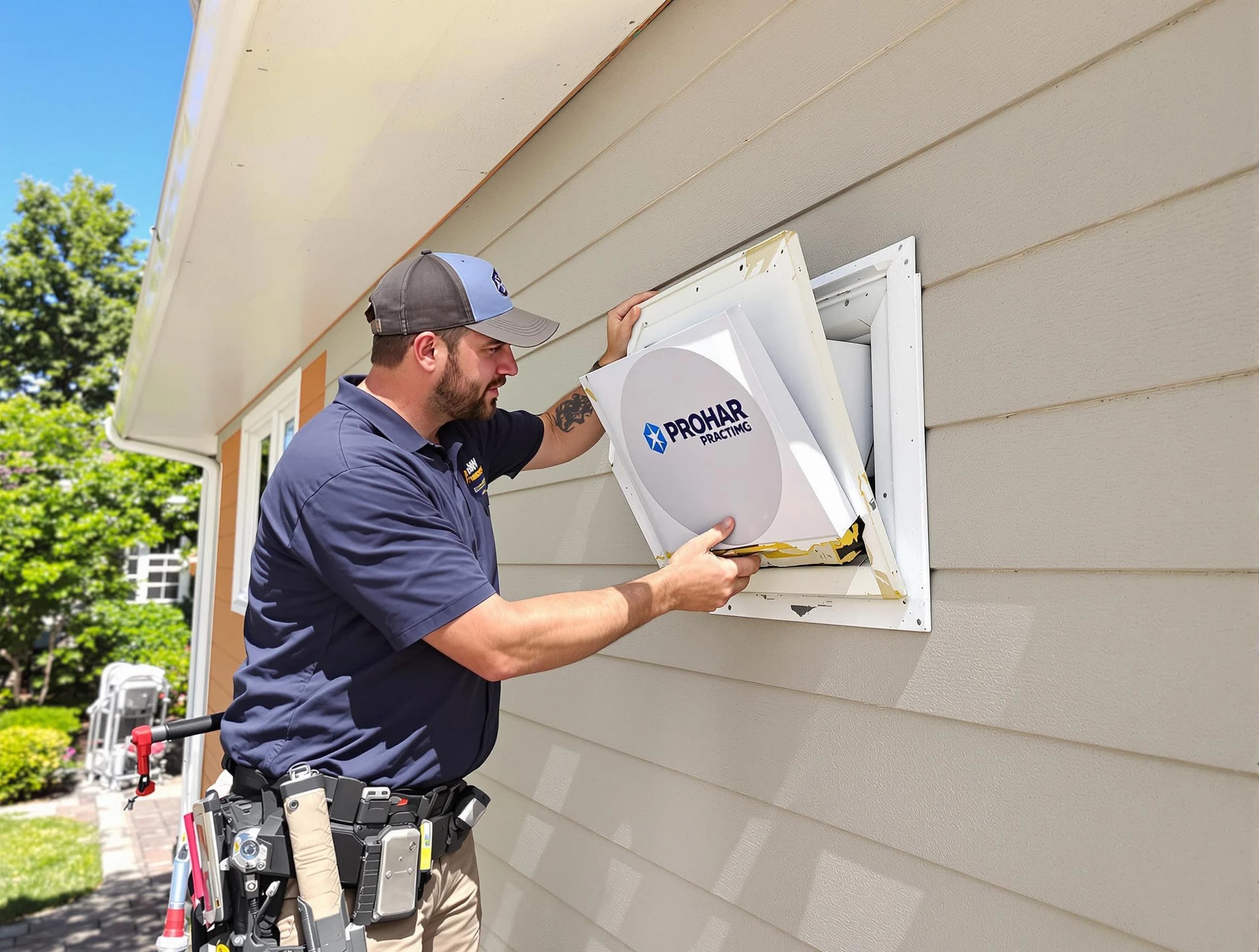 Stansbury Park Dryer Vent Cleaning technician installing a new protective dryer vent cover on a home in Stansbury Park