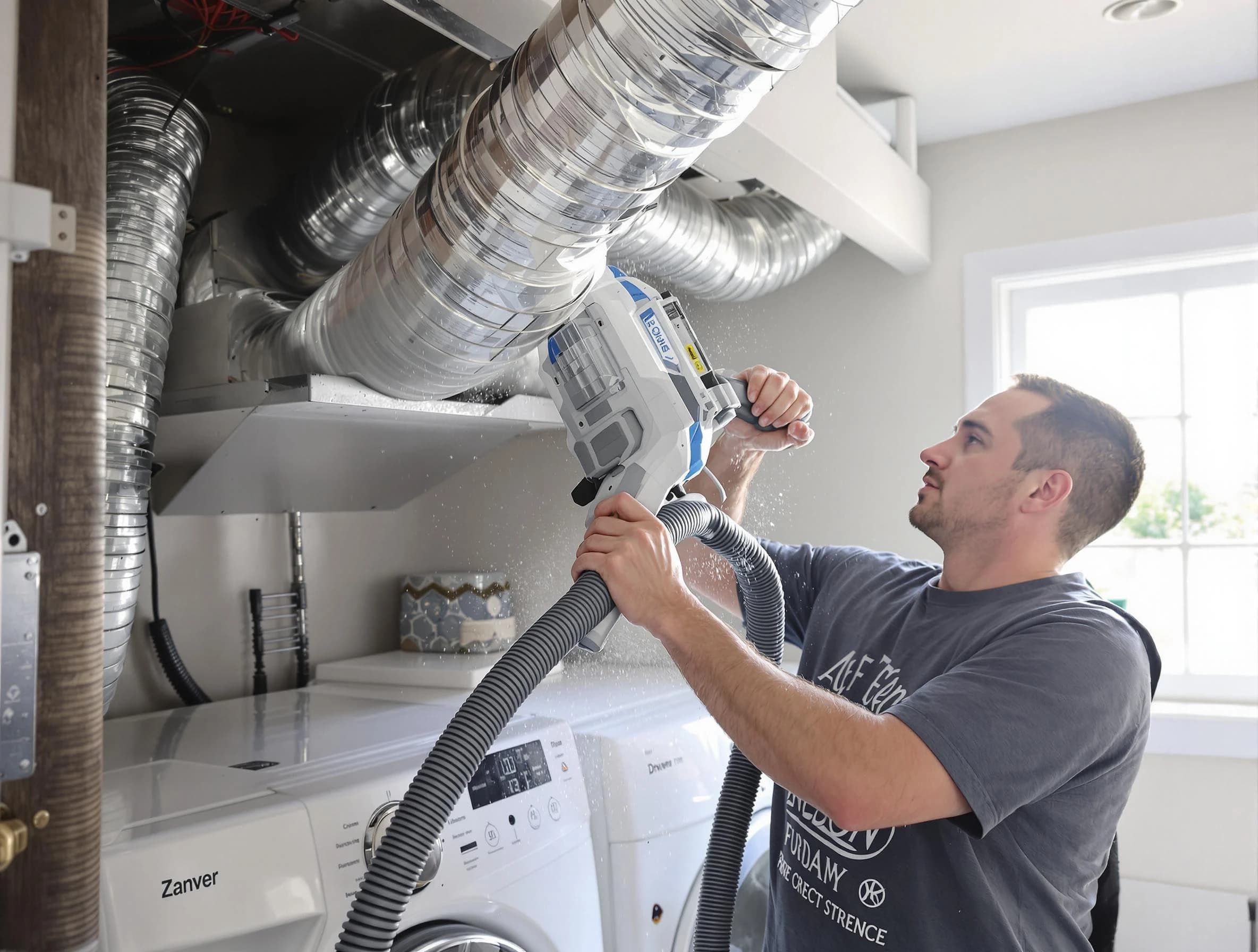 Stansbury Park Dryer Vent Cleaning specialist cleaning deep within a dryer vent duct system in Stansbury Park