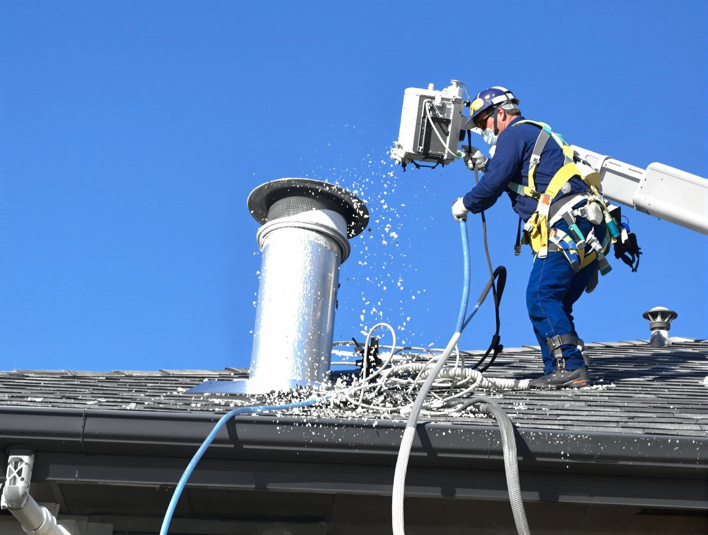Stansbury Park Dryer Vent Cleaning certified technician safely cleaning a roof-mounted dryer vent in Stansbury Park