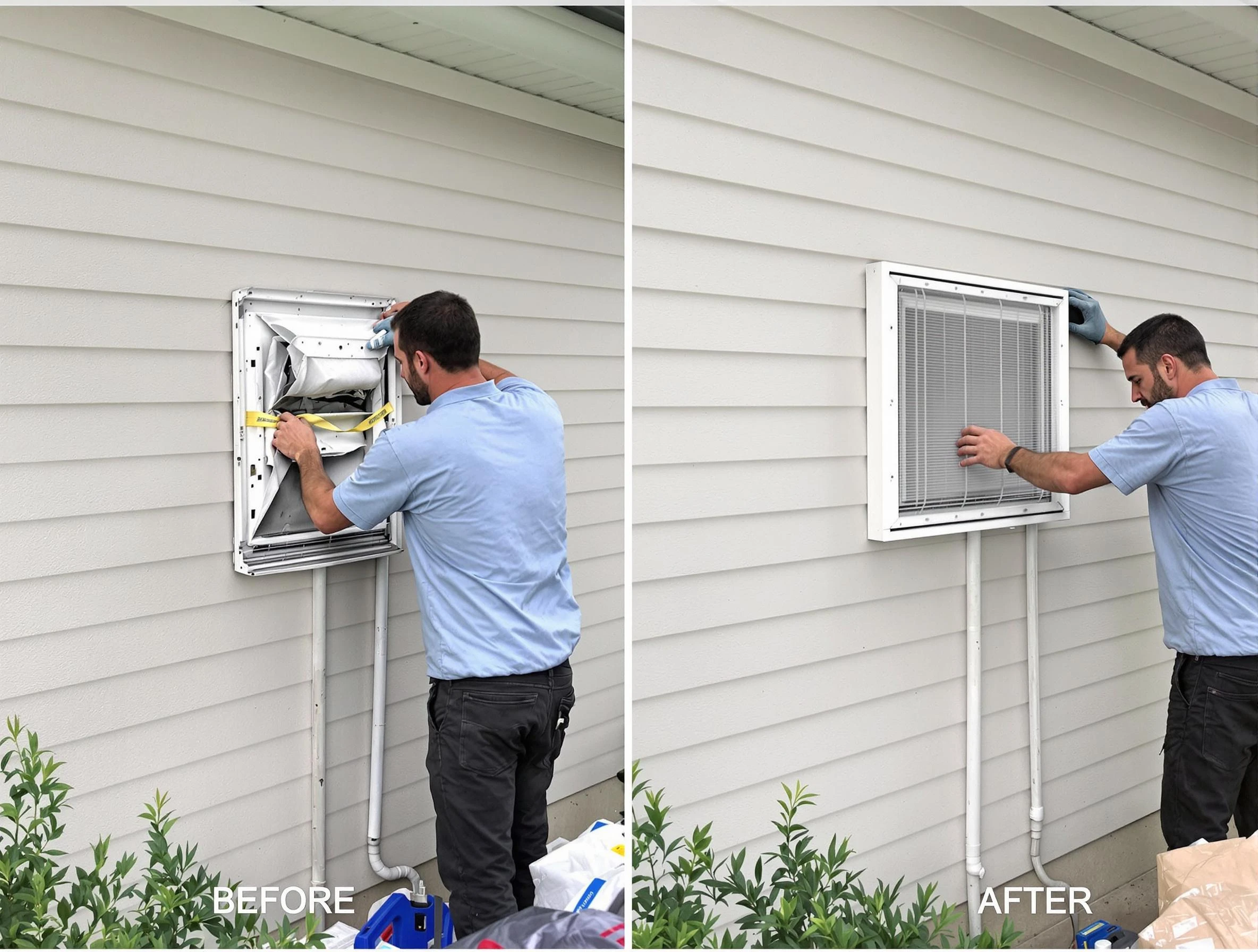 Stansbury Park Dryer Vent Cleaning technician installing high-quality dryer vent cover at a residential property in Stansbury Park